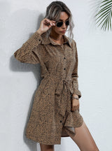 Long Sleeve Lapel Leopard Print Shirt Dress