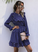 Lotus Leaf Stitching Retro Polka-dot Long Sleeve Dress