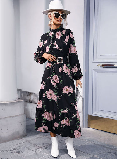 High Neck Printed Chiffon Long Sleeve Dress