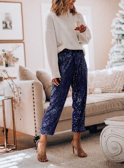 Lotus Leaf Sequins Drawstring High Waist Pants