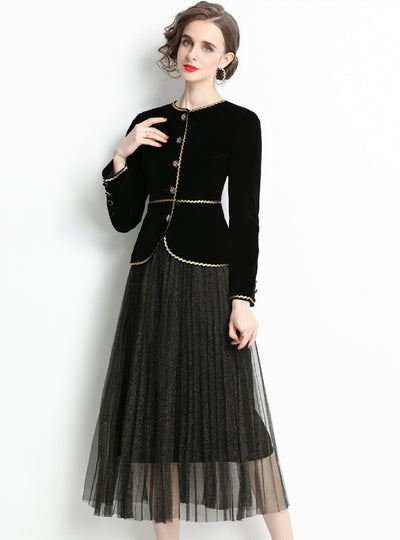 Retro Velvet Coat Gauze Skirt Two-piece Suit