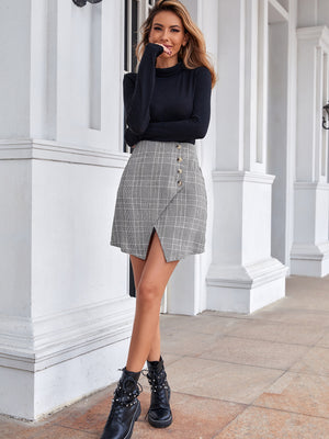 Split Check High Waist Slim Skirt