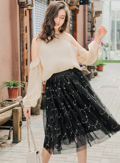 Multi-layer High Waist Embroidery Tulle Skirt