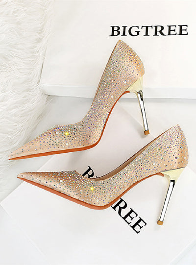 Women's High Heel Pointed Satin Rhinestone Shoes