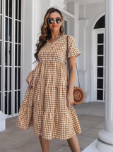 Plaid V-neck Short Sleeve Dress