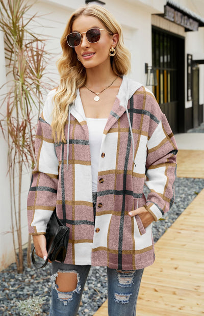 Hooded Casual Loose Shirt Plaid Coat