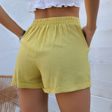 Button-waist Cotton Solid Color Shorts