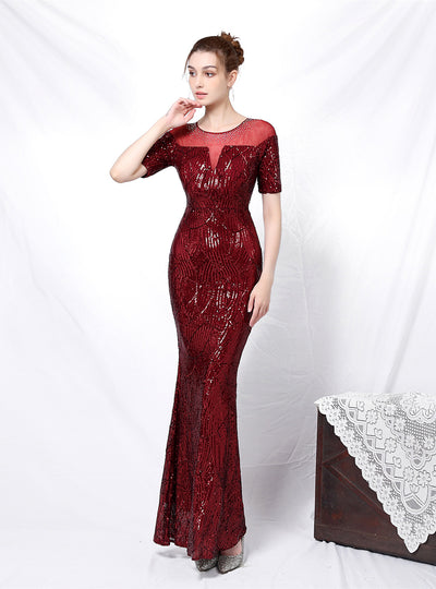 Long Sleeve Sequined Evening Dress