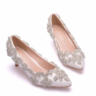 Rhinestone-heeled Pointed Shallow Wedding Shoes