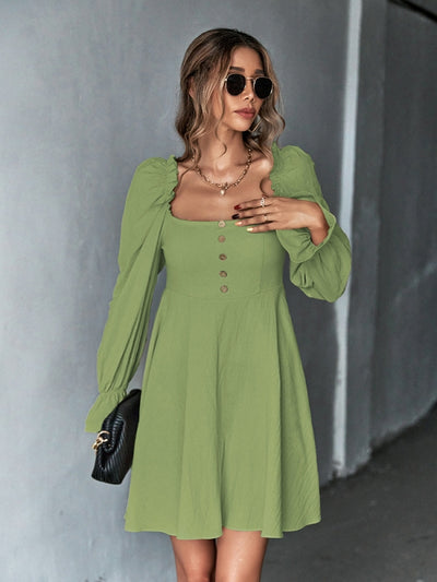 Bubble Sleeve Square Neck Long Sleeve Dress