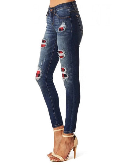 Leopard Print Hole Patch Elastic Feet Jeans