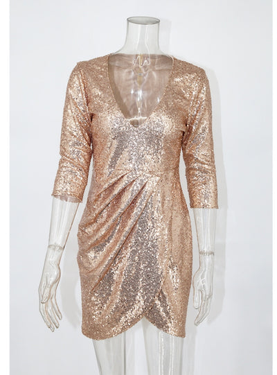 Mini V-neck Long Sleeve Sequined Dress