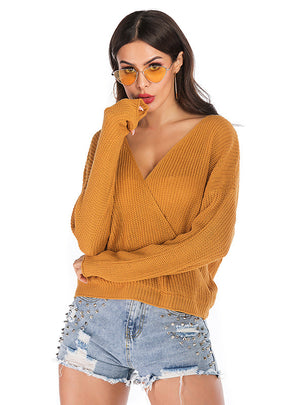 Solid Color V-neck Bat Sleeve Sweater