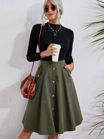 Pocket Button Mid-length Skirt