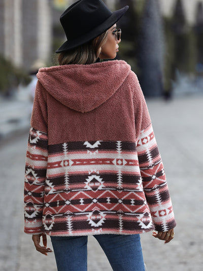 Hooded Long-sleeved Geometric Horn Buckle Coat