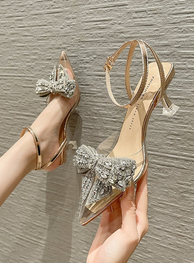 Pointed Bow Rhinestone High Heels