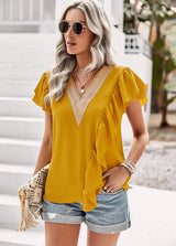 V-neck Ruffled Top Short Sleeve Shirt