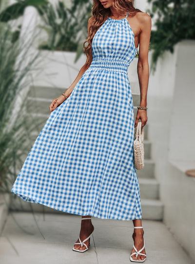 Sling Girdle Waist Plaid Halter Dress