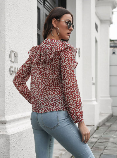 Lotus Leaf Floral V-neck Long-sleeved Chiffon Shirt