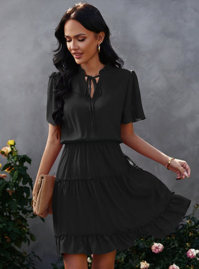 V-neck Silm Waist Ruffled Dress