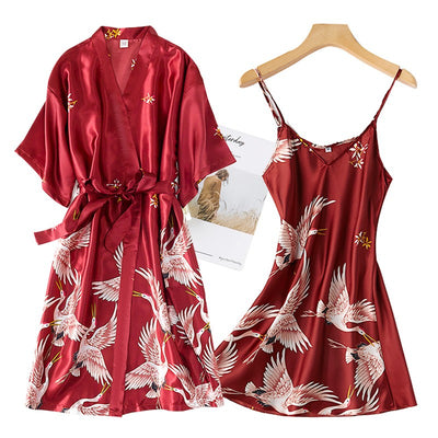 2PCS Robe Set Bride Sexy Kimono Bathrobe Night Dress