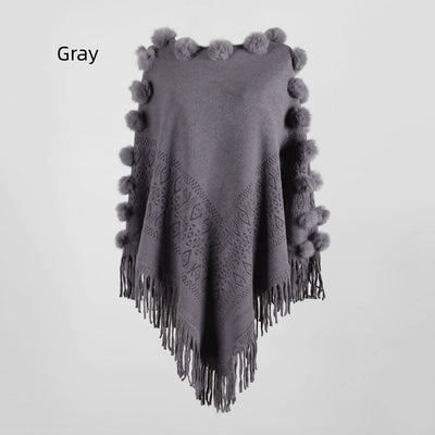 Fringed Fur Ball Round Collar Pullover Cape Shawl