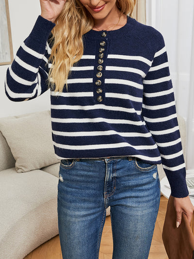 Women Striped Button Blouse Sweater