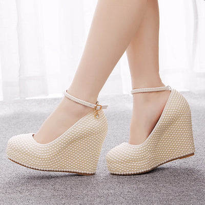 11cm Round Toe Wedge Pearl Wedding Shoes