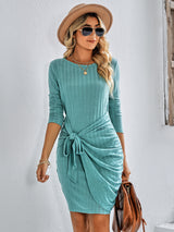 Long Sleeve Round Neck Solid Color Slim Dress