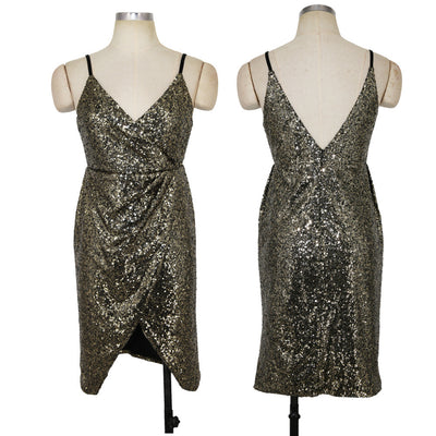 Deep V-neck Sling Pleated Sequined Dress