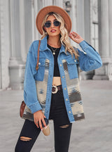 Loose Geometric Pattern Denim Splicing Jacket