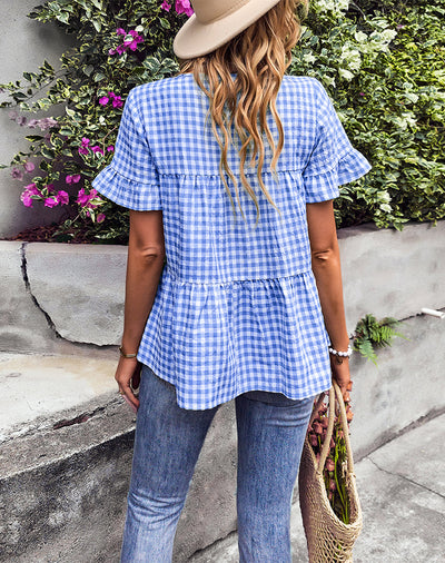 Short-sleeved Plaid Ruffled Blouse