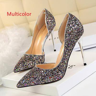 Shallow Pointed Side Hollow Sequined Shoes