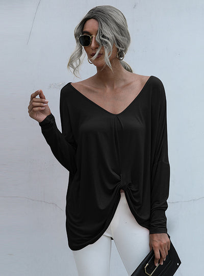 V-Neck Spliced Bat Long Sleeve T-Shirt