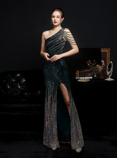 One Shoulder Sequins Beading Party Dress With Split