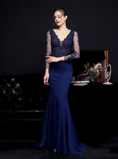 Long Sleeve V-neck Appliques Prom Dress