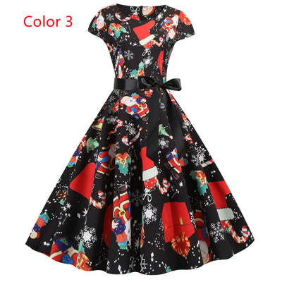 Cap Sleeve Print Christmas Party Dress