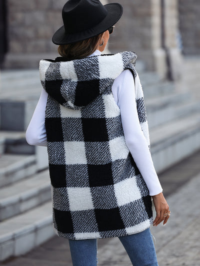 Hooded Sleeveless Plaid Fleece Loose Coat