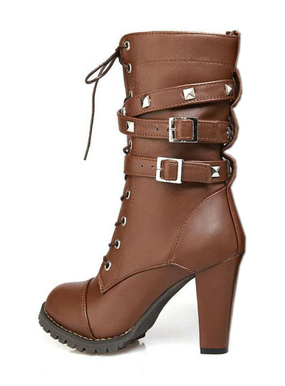 Women Boots High heels Platform Buckle Zipper Rivets