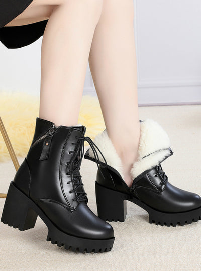 New Genuine Leather Women Boots Natural Wool Warm