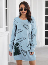 Dinosaur Jacquard V-neck Long Sleeve Sweater Dress