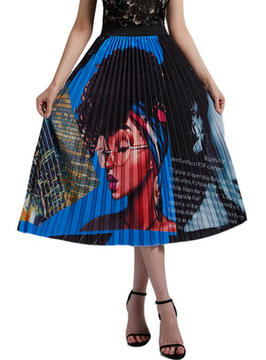 Black Hair Girl Pleats Print Short Skirt