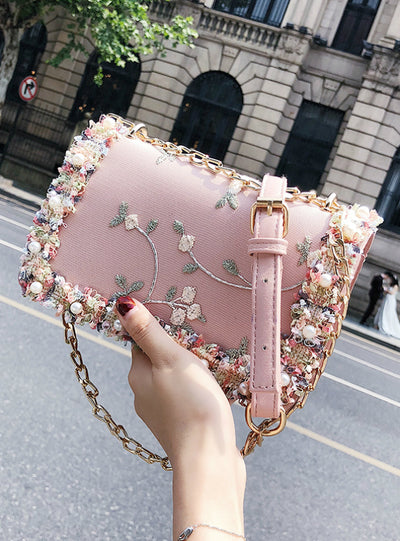 PU Leather Sweet Girl Square bag Flower Pearl Chain