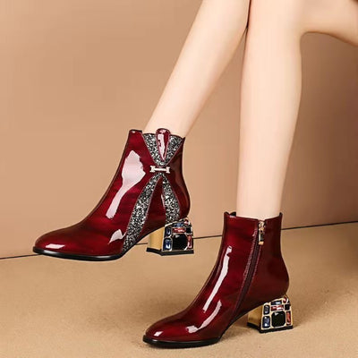 Pointed Tube Patent Leather Leather Rhinestones Boots