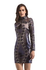 Long Sleeve High Neck Sequined Mini Short Dress