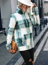 Long Sleeve Collar Plaid Zipper Plush Coat