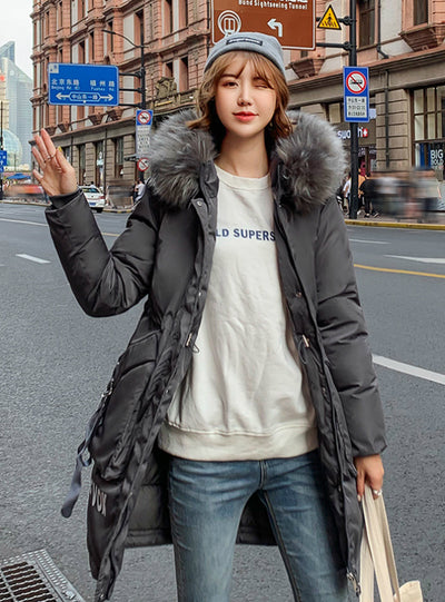 Long Letter Print Parkas Coat Double Warm Big Fur