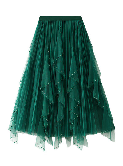 Nail Bead Irregular Ruffled Gauze Skirt