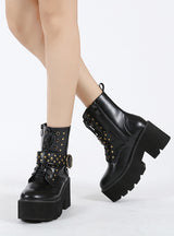 Retro Belt Buckle Rivet Thick Bottom Side Zipper Booties