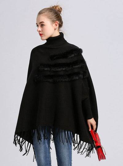 High Necked Bat Sleeve Fringed Turtleneck Cloak